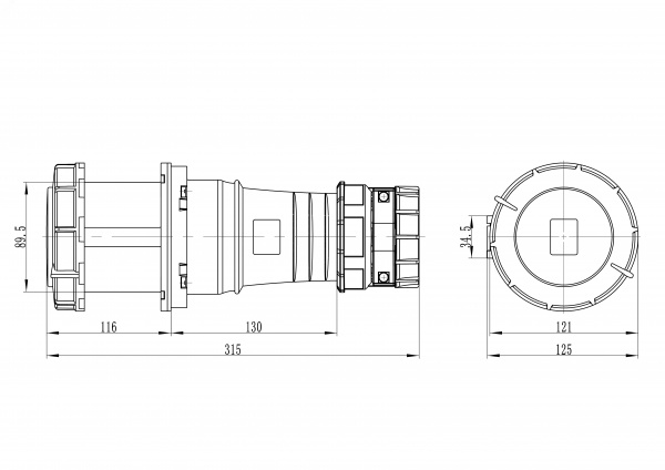 Розетка кабельная IP67 125A 2P+E 230V