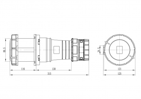 Розетка кабельная IP67 125A 2P+E 230V