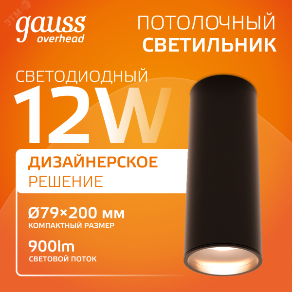 Светильник светодиодный ДБО 12 Вт 900 лм 3000К AC 220В Черный IP20 D79х200мм Алюминий Overhead Gauss