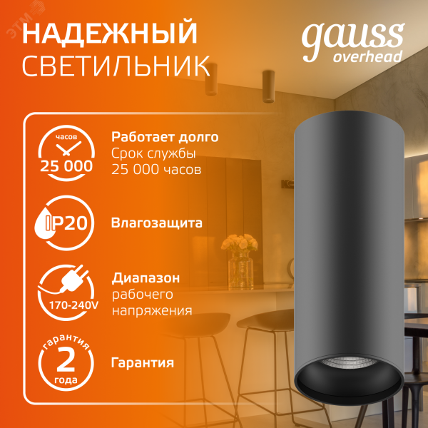 Светильник светодиодный ДБО 12 Вт 900 лм 3000К AC 220В Черный IP20 D79х200мм Алюминий Overhead Gauss