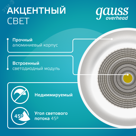 Светильник светодиодный ДБО 12 Вт 920 лм 4100К AC 220В Белый IP20 D100х100мм Алюминий Overhead Gauss