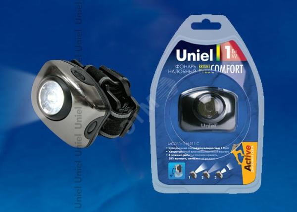 S-HL011-C Gun Metal Фонарь серии Стандарт «Bright eyes — comfort» (налобный фонарь), алюминиевый корпус, 1 LED, упаковка — кламшелл, 3хААА н/к