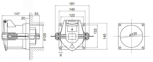 Розетка панельная PSS IP67 200A 3P+E 690В