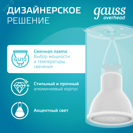 Светильник накладной ДБО под лампу 1хGU10 AC 220В Белый IP20 100х56х100мм Алюминий Basic Gauss