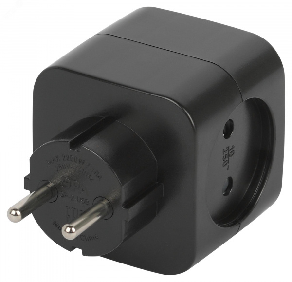 Разветвитель электрический SP-2-USB-B на 2 розетки + 2xUSB 2400mA, без заземл 10А (черный)
