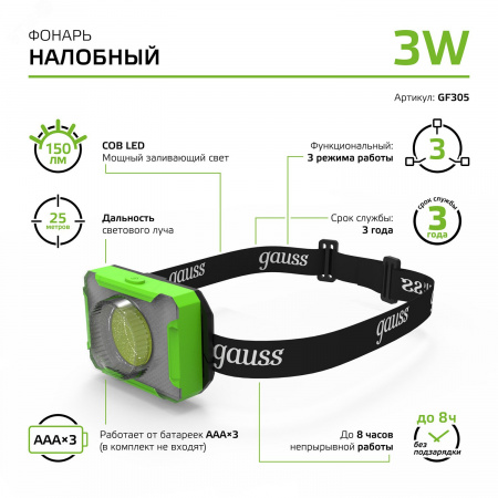 Фонарь светодиодный налобный 3 Вт 150 лм Черный IP33 на батарейках 3xААА GFL Gauss