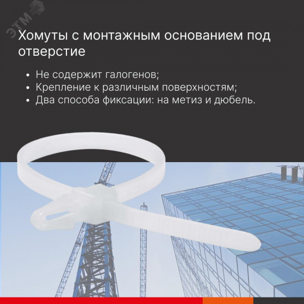 Хомут P6.6 с монтажным основанием под отверстие 4,9мм, белый 4,8x200