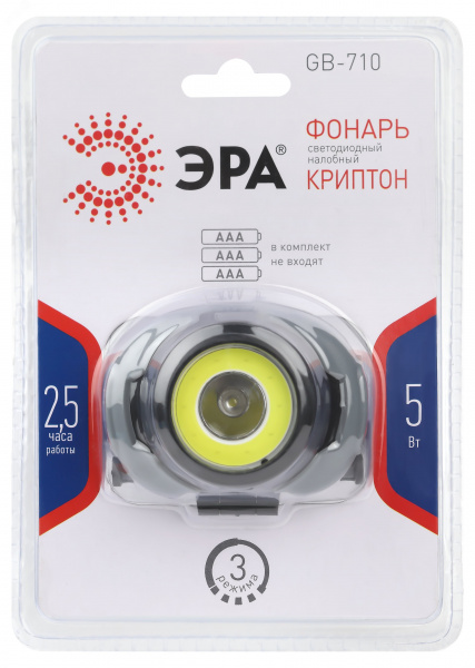 Фонарь налобный светодиодный 5Вт 310Лм IP40 SMD+COB 3 режима на батарейках 3xAAA (в комплект не входят) GB-710 Криптон
