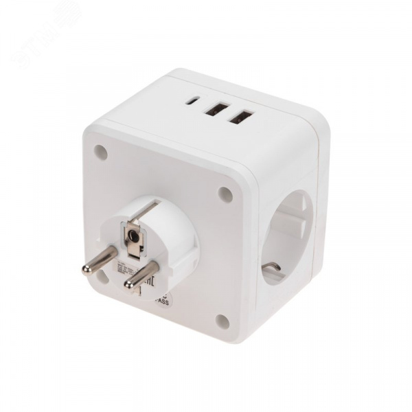 Двойник электрический Куб 16А с/з + 2хUSB-A 2,4А + USB Type-C 3А с ночной подсветкой, белый