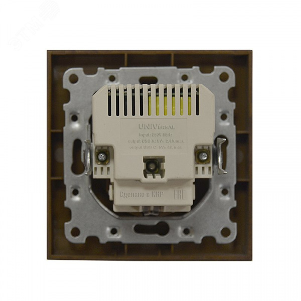 Розетка скрытой установки, с заземлением, c USB Type-A 2.4А+ Type-C 4A серия Афина , 220В, механизм, венге