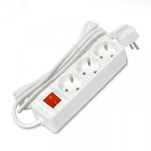 Удлинитель бытовой 3 гнезда, ПВС 3*1, 3,5кВт, с заземлением, с выключателем, 3 метра DOMTOK