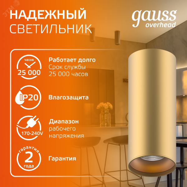Светильник светодиодный ДБО 12 Вт 900 лм 3000К AC 220В Бронзовый IP20 D100х200мм Алюминий Overhead Gauss