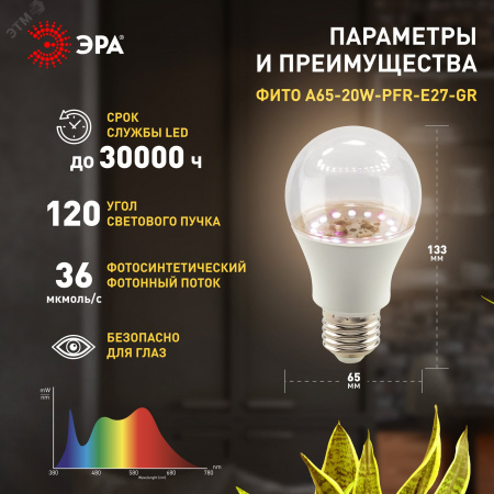Фитолампа светодиодная для растений полного спектра LED 20 Вт ФИТО A65-20W-PFR-E27-GR GREEN LINE