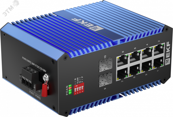 Коммутатор промышленный неуправляемый U-2GX/SFP-8GTP, 2 порта 1000Base-X SFP, 8 портов 10/100/1000Base-T(X) RJ45 c PoE, монтаж на динрейку TSX EKF