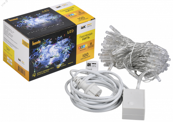 LIGHTING Гирлянда нить 10м 100 светодиодов RGB свет IP44 прозрачный шнур 3м 230В контроллер 8 сцен IEK
