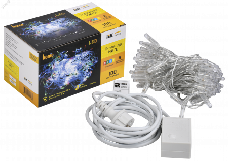 LIGHTING Гирлянда нить 10м 100 светодиодов RGB свет IP44 прозрачный шнур 3м 230В контроллер 8 сцен IEK