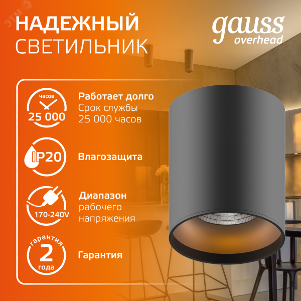 Светильник светодиодный ДБО 12 Вт 900 лм 3000К AC 220В Черный IP20 D100х100мм Алюминий Overhead Gauss