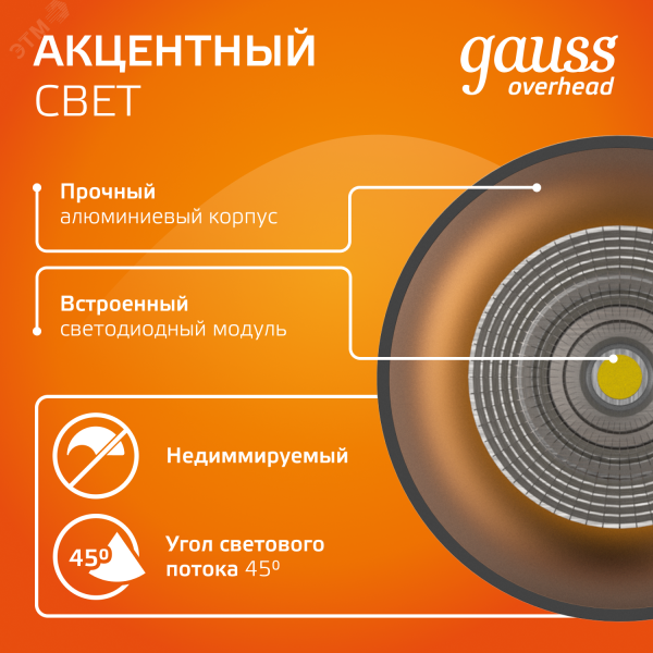 Светильник светодиодный ДБО 12 Вт 900 лм 3000К AC 220В Черный IP20 D100х100мм Алюминий Overhead Gauss