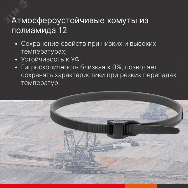 Хомут PA12 атмосфероустойчивый из полиамида 12, плоский замок, черный, 6х290
