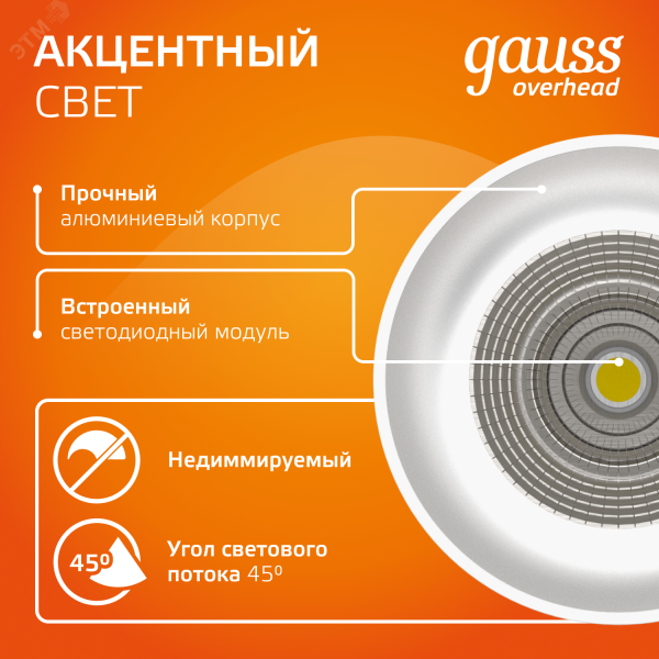 Светильник светодиодный ДБО 12 Вт 900 лм 3000К AC 220В Белый IP20 D79х200мм Алюминий Overhead Gauss