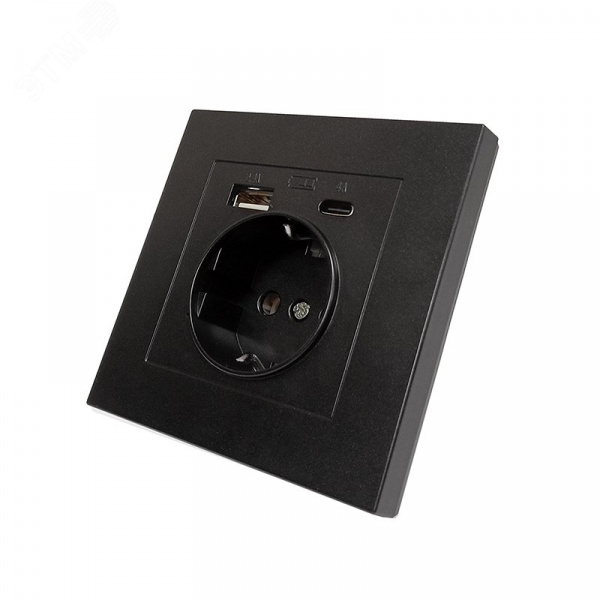 Розетка скрытой установки, с заземлением, c USB Type-A 2.4А+ Type-C 4A серия Афина , 220В, механизм, графит