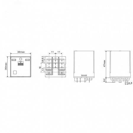 Реле миниатюрное силовое, 3CO, ком. ток 16А, AgSnO?, напряжение 12V AC, опция: тест-кнопка+светодиод