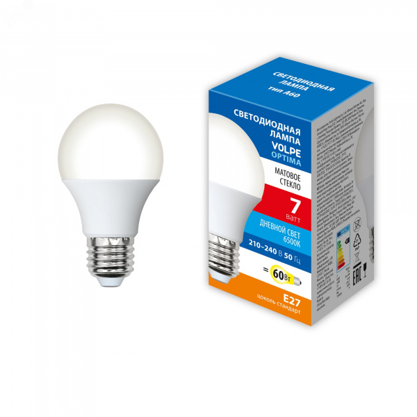 Лампа светодиодная. LED-A60-7W/6500K/E27/FR/SLS Форма A, матовая. Дневной свет (6500K)