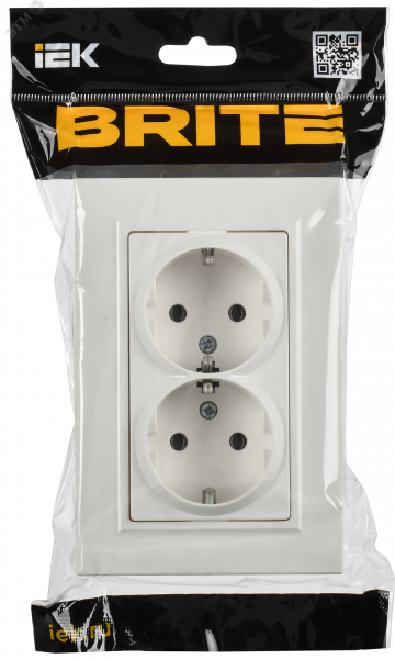 BRITE Розетка 2-местная с заземлением без защитных шторок плоская 16А в сборе РСПл12-3-БрБ белый IEK