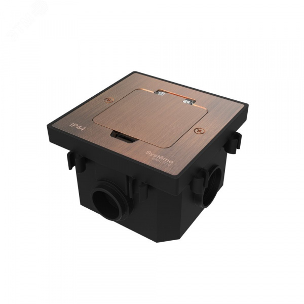 Лючок MultiDeS с розеткой 2К+З 16А/250В IP44 с монтажной коробкой для бетонных полов Медь тип MDK21