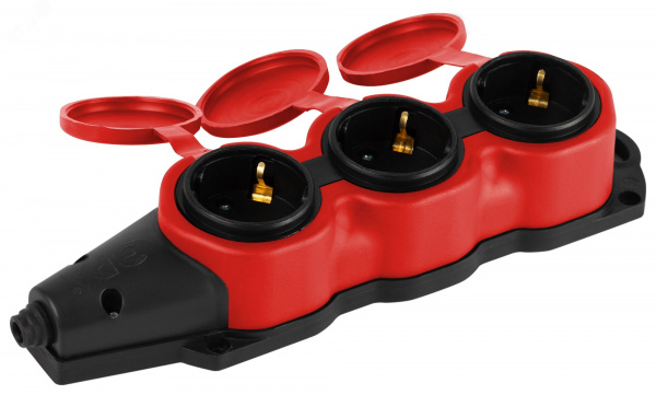 Колодка каучуковая с заземлением 3 розетки 16A IP44 красная KX-3e-RED-IP44