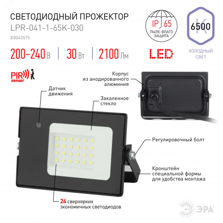 Прожектор светодиодный ДО-30 Вт 6500К 2100 ЛмIP65 200-240В встроенный датчик движения черный 30w холодный корпус LPR-041-1-65K-030