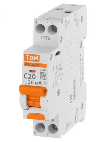Автоматический Выключатель Дифференциального тока одномодульный АВДТ 63М 2P(1P+N) C20 30мА 4,5кА тип АС TDM