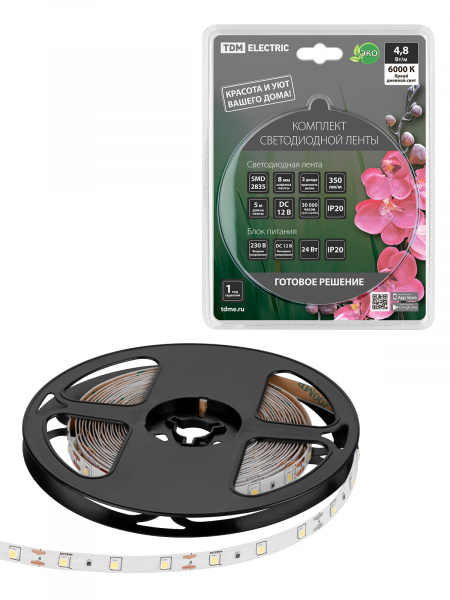 Комплект светодиодной ленты SMD2835-60 LED/м-12 В-4,8 Вт/м-IP20-6000 К (5 м), 24 Вт TDM