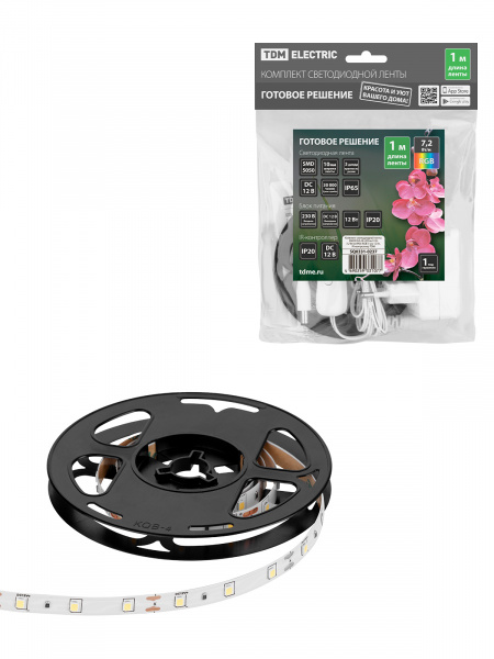 Комплект светодиодной ленты SMD5050-30 LED/м-12 В-7,2 Вт/м-IP65-RGB (1 м), 12 Вт, IR-контроллер TDM