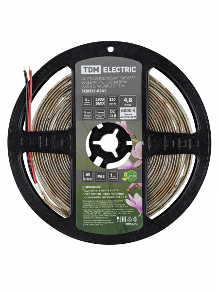 Лента светодиодная SMD2835-60 LED/м-IP65-12 В-4,8 Вт/м-6000 К (5 м) блистер TDM