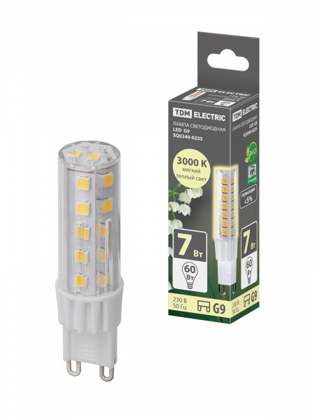 Лампа светодиодная G9-7 Вт-230 В-3000 К, SMD, 17,5x65,5 мм TDM