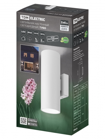 Светильник настенный LED, Тубо, 2х6 Вт, 4000 К, H252 мм, алюм./бел., вверх/вниз, IP65, TDM