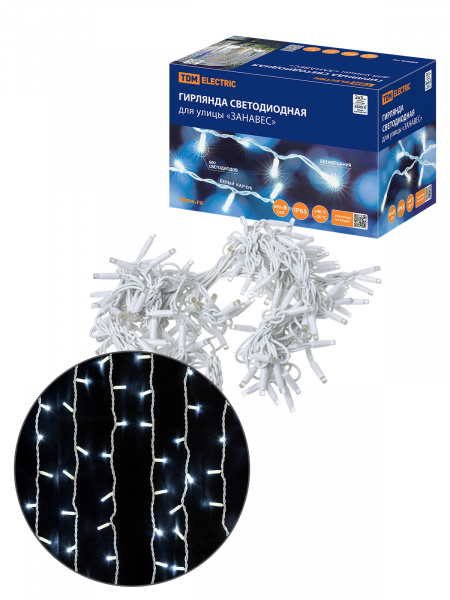 Гирлянда светодиодная "Занавес" 2х3м, 600LED, 6500К, бел. шнур, посл. подкл, IP65, 250 В, TDM