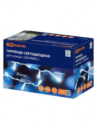 Гирлянда светодиодная "Занавес" 2х3м, 600LED, 6500К, бел. шнур, посл. подкл, IP65, 250 В, TDM