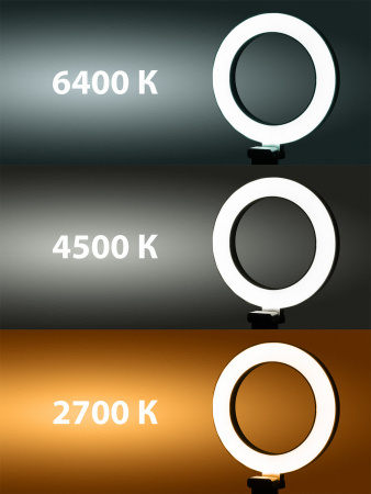 Лампа кольцевая светодиодная 16 см, 6 Вт, 2700-6400 К, штатив наст., диммер, USB, TDM