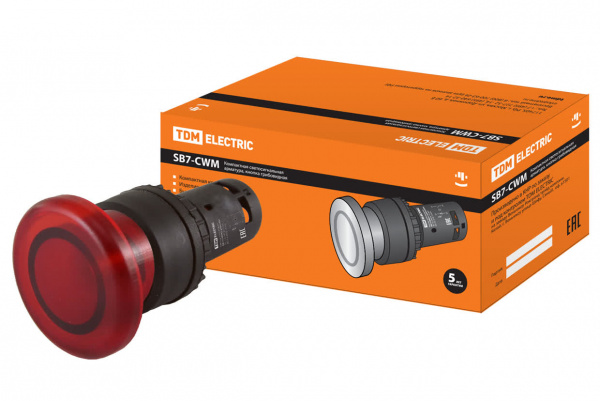 Кнопка грибовидная SB7-CWM42 с возвратом, 1НЗ, с подсветкой 220 В LED, d35 мм, красная, IP40 TDM