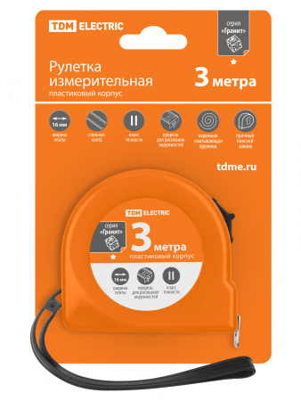 Рулетка, длина 3 м, стальная лента, ширина 16 мм, пластиковый корпус, "Гранит" TDM