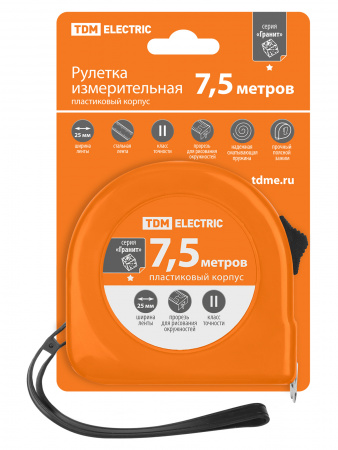 Рулетка, длина 7.5 м, стальная лента, ширина 25 мм, пластиковый корпус, "Гранит" TDM