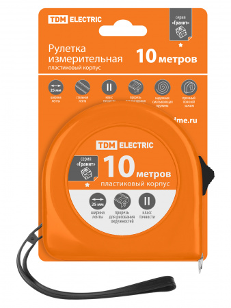 Рулетка, длина 10 м, стальная лента, ширина 25 мм, пластиковый корпус, "Гранит" TDM
