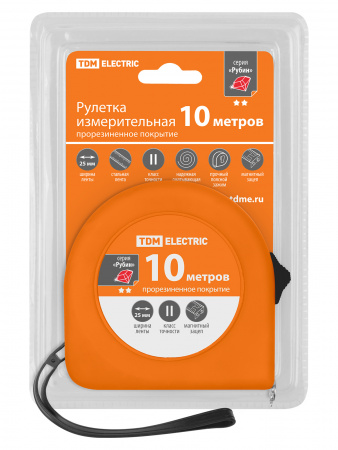 Рулетка, длина 10 м, стальная лента, ширина 25 мм, прорезиненное покрытие, магнит, "Рубин" TDM