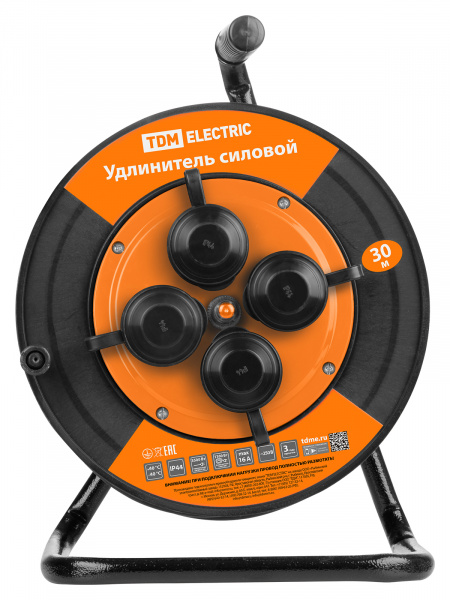 Удлинитель силовой УКз16-004 TDM (IP44 4 места/30м КГТП-ХЛ 3х1,5 пласт. катушка) УС1-43128