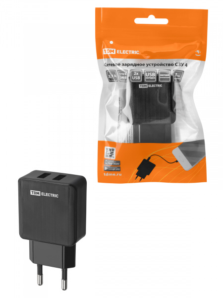 Сетевое зарядное устройство, СЗУ 4, 2,1 А, 2 USB, черный, TDM