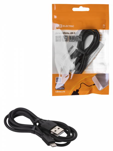 Дата-кабель, ДК 3, USB - Lightning, 1 м, черный, TDM