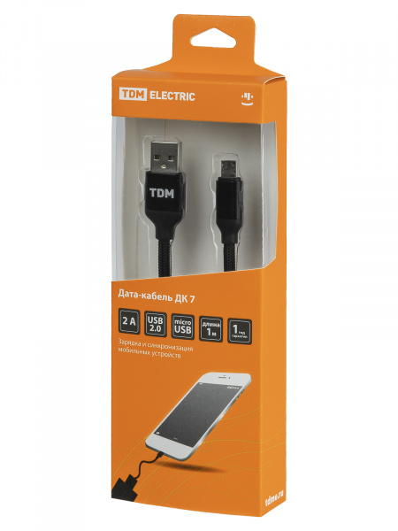 Дата-кабель, ДК 7, USB - micro USB, 1 м, тканевая оплетка, черный, TDM