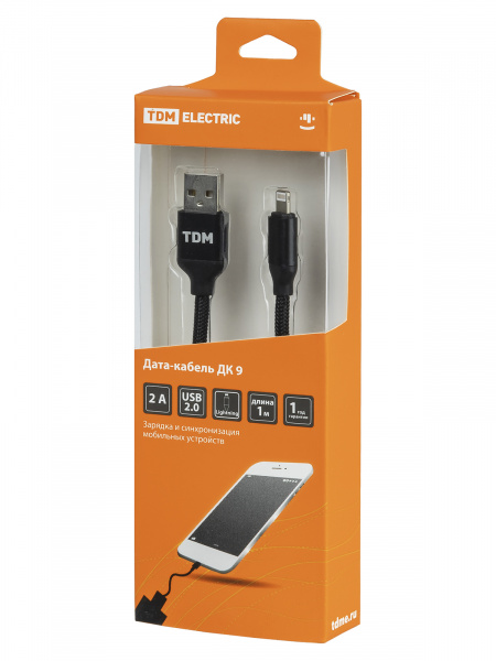 Дата-кабель, ДК 9, USB - Lightning, 1 м, тканевая оплетка, черный, TDM
